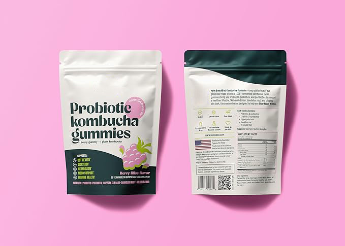 BoochBod Probiotic Kombucha Gummies – Bloating Relief | Gut Health, Digestion, & Metabolism Support | Pre/Postbiotics, Slippery Elm, Dandelion Root, Fiber Supplement